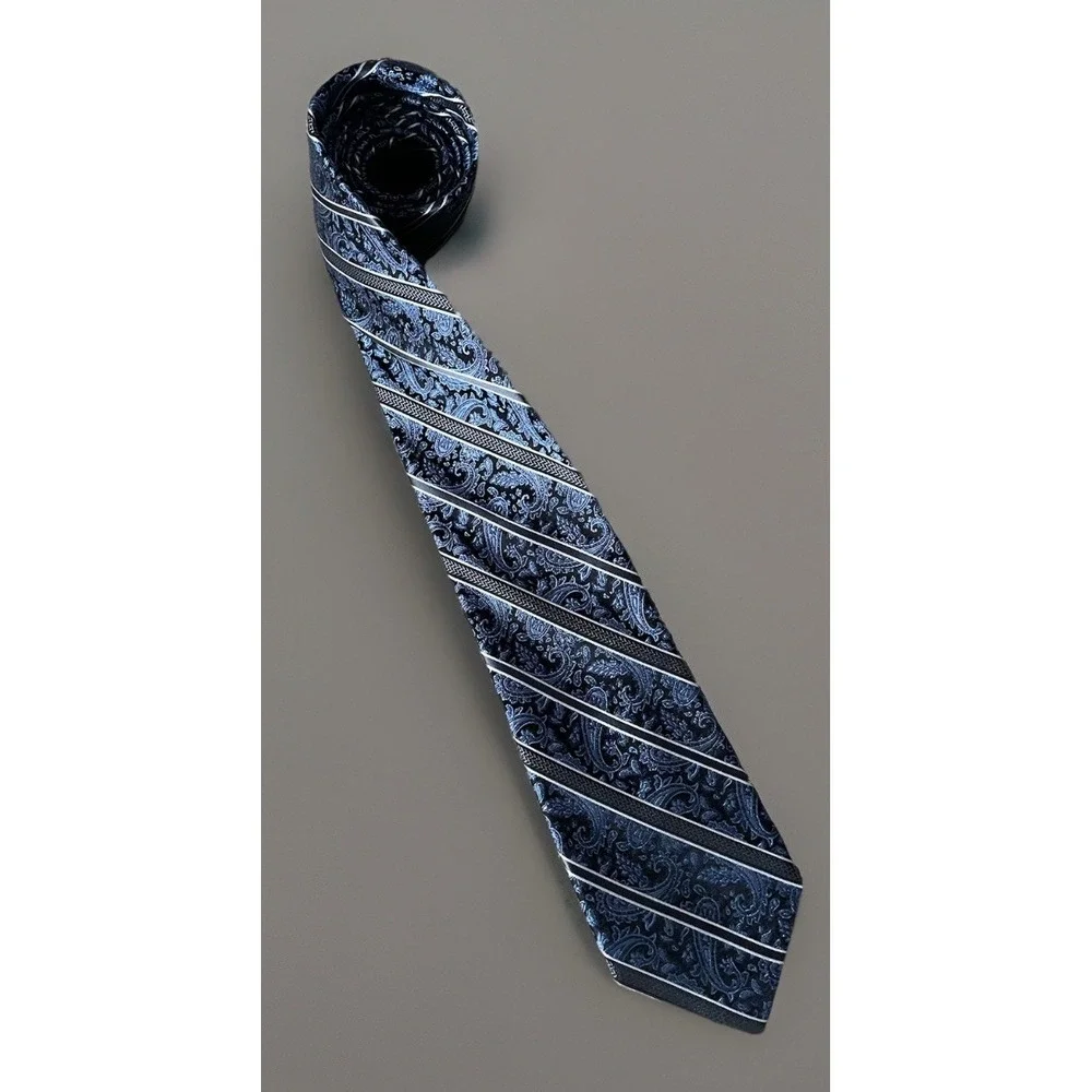 Pronto Uomo Neckwear Tie Blue Silver Paisley Striped Pattern 100% Silk JBHS